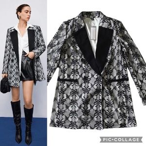 NWT New Contrast Collar Lace Blazer Dress Black White Long Sleeve Butterfly